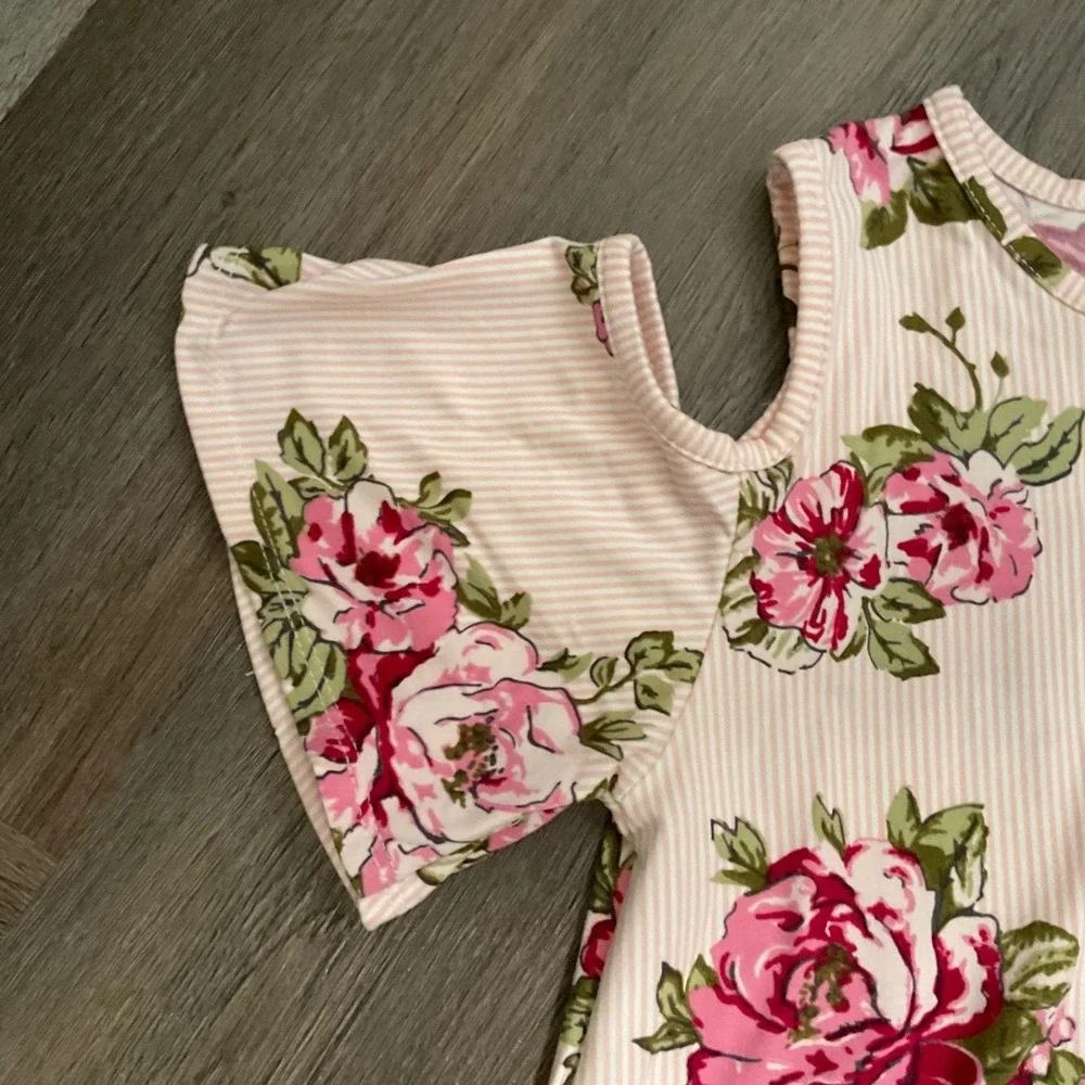 Btween Girls Floral Dress 10‎ Pink Striped Cold Shoulder Coquette Love Shack